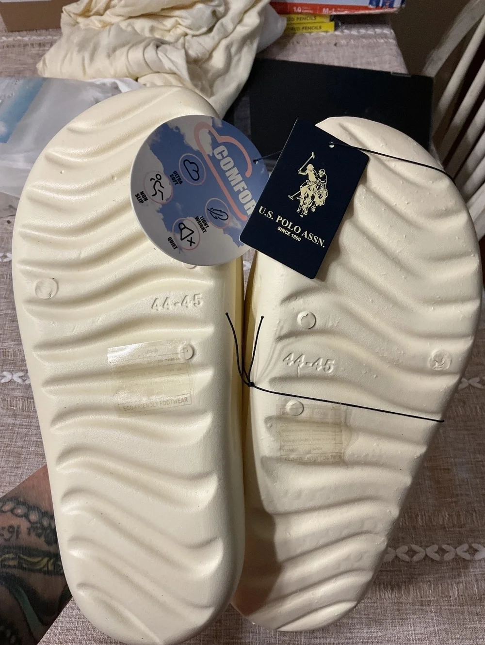 U.S. Polo Assn. Men’s Logo Slip-On Foam Slides Beige Tan Cream Size XL 11/12